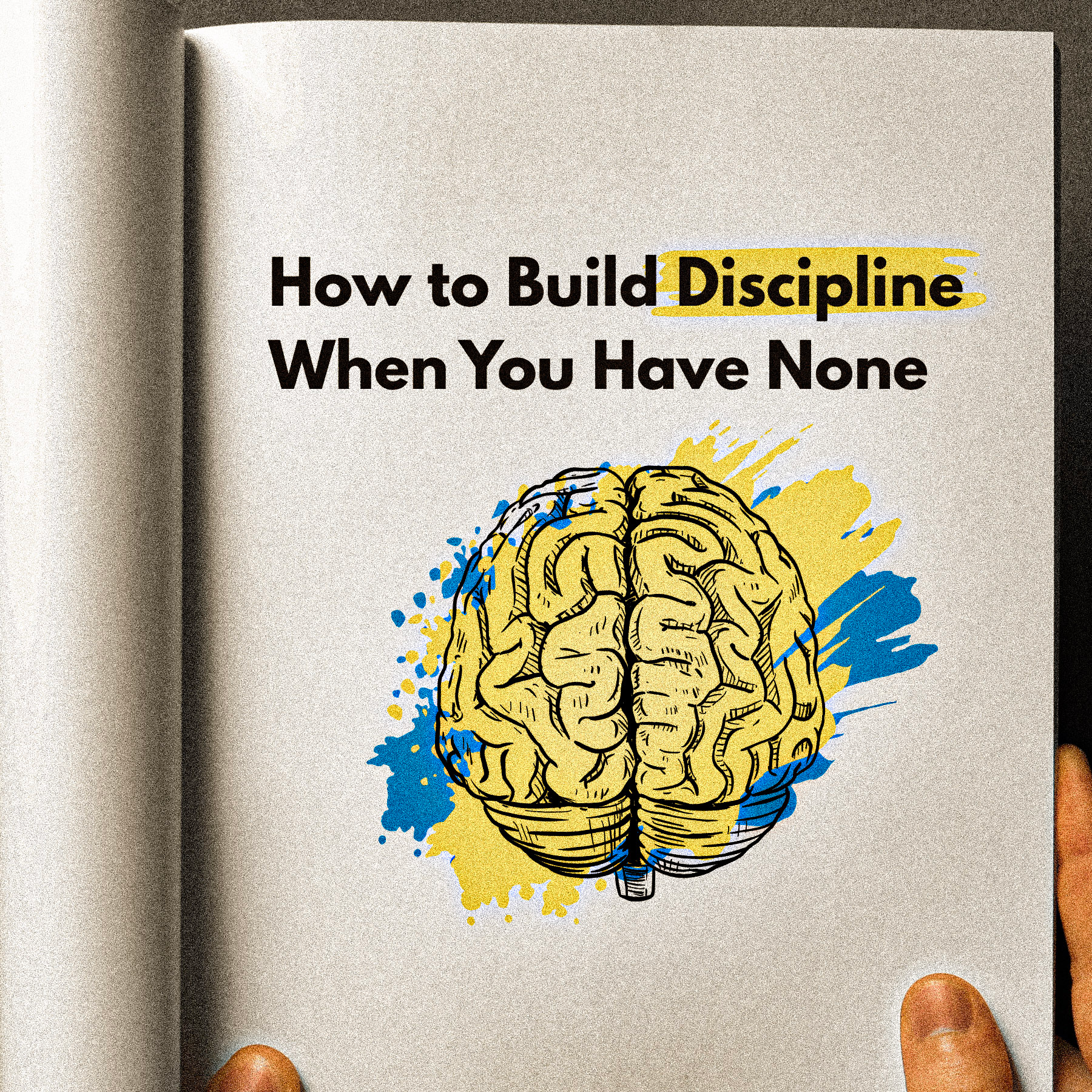 An open book showing the title “How to Build Discipline When You Have None.” Below the title, there is a simple illustration of a brain. The overall design is clean and minimal.
